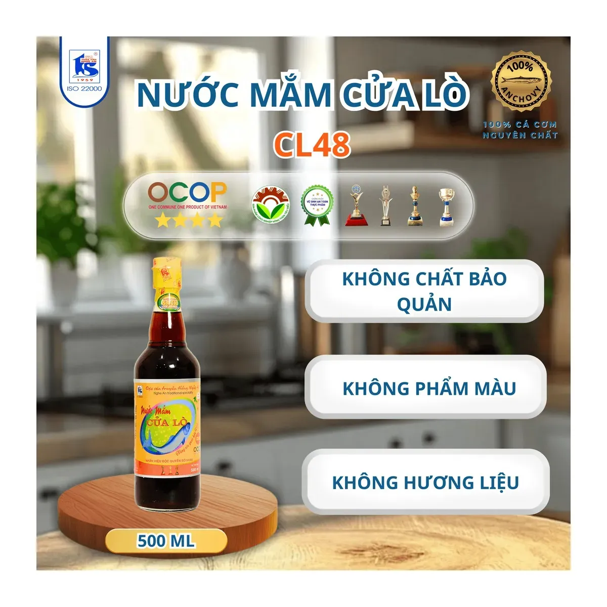 Cua Lo CL48 First-Press Anchovy Fish Sauce 500ml Bottle (4-Star OCOP) Nước Mắm Cốt Cá Cơm Cửa Lò CL48 Chai 500ml (OCOP 4 Sao)