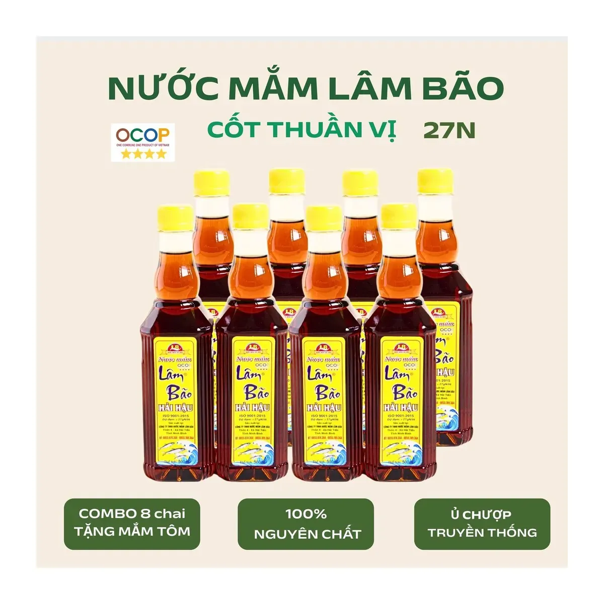 Lam Bao Gold Cap 27N Traditional Anchovy Fish Sauce 500ml Bottle Nước Mắm Truyền Thống Lâm Bão Nút Vàng 27 Độ Đạm Chai 500ml