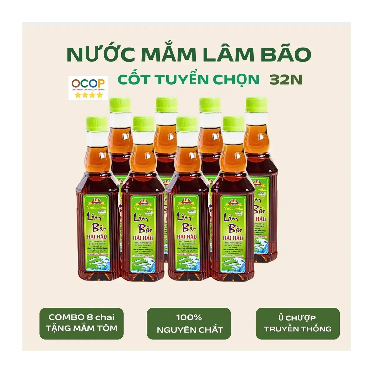 Lam Bao Blue Cap 32N Selected First-Press Fish Sauce 500ml Bottle Nước Mắm Cốt Cá Tuyển Chọn Lâm Bão Nút Xanh 32 Độ Đạm Chai 500ml