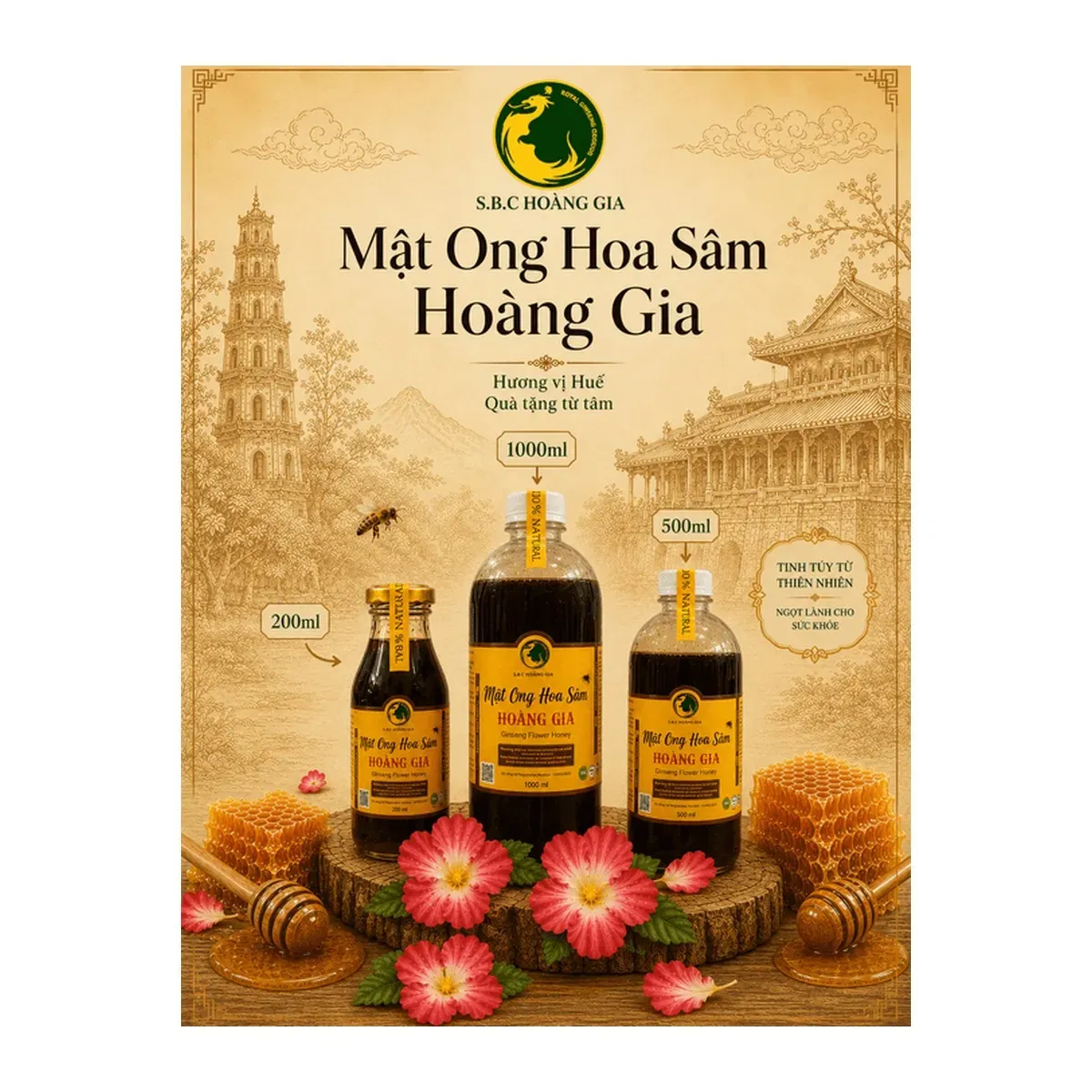 Hoang Gia Pure Ginseng Blossom Honey 200ml Bottle Mật Ong Hoa Sâm Ngọc Linh Hoàng Gia Nguyên Chất Chai 200ml