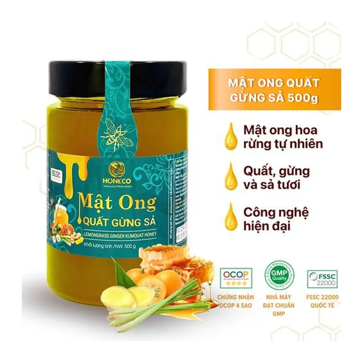 Honeco Tam Dao Honey with Kumquat, Ginger & Lemongrass 500g Glass Jar Mật Ong Quất Gừng Sả Tam Đảo Honeco Hũ Thủy Tinh 500g